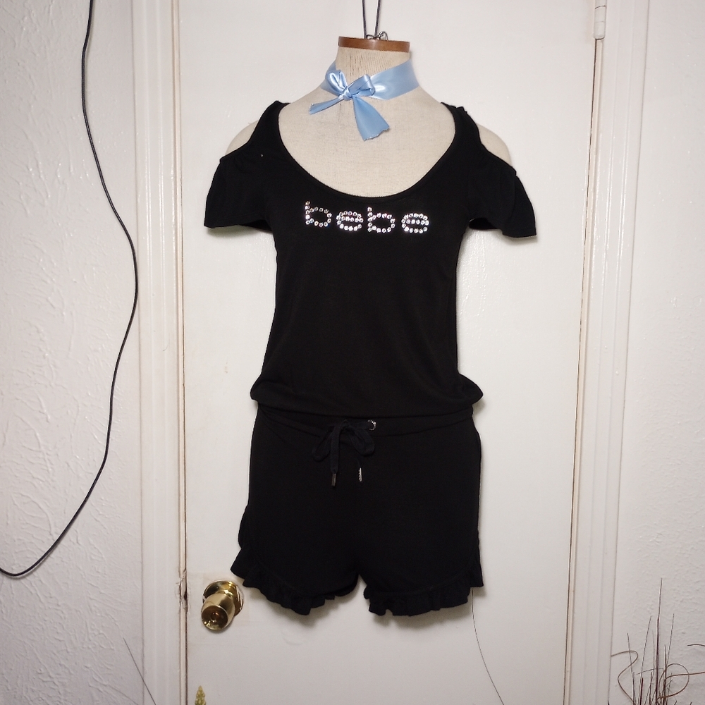 Bebe Black Cold Shoulders Drawstring Waistline Ro… - image 2